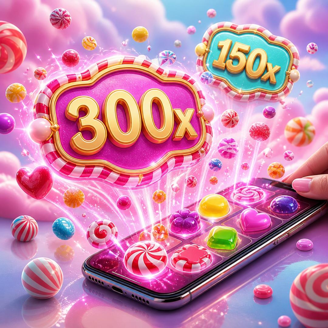 Glossy pink match-three scene with candy pieces, gold score multipliers and a mobile game board